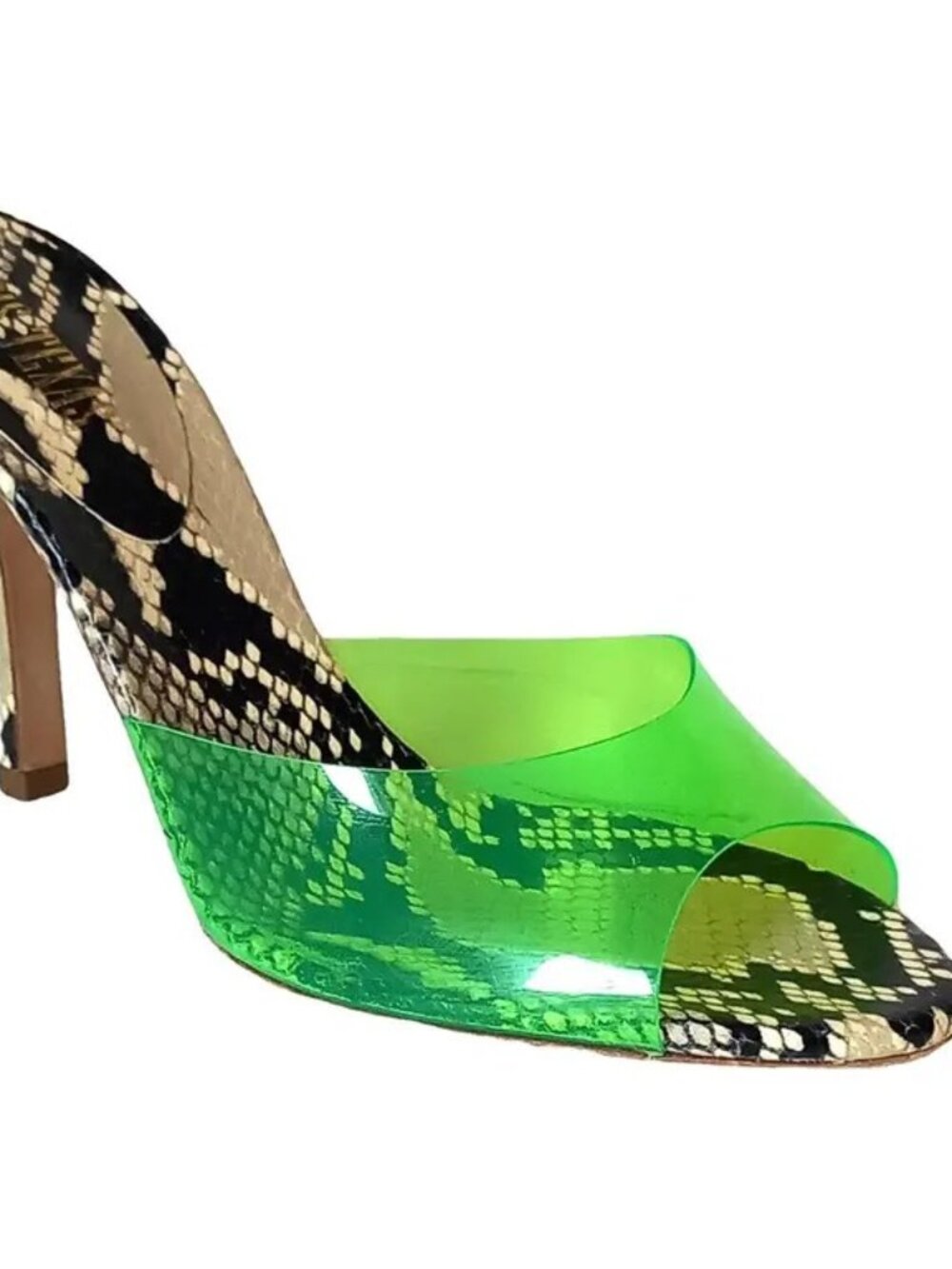 Paris Texas Python Slide Heels with Green Clear Strap, Size 36.5